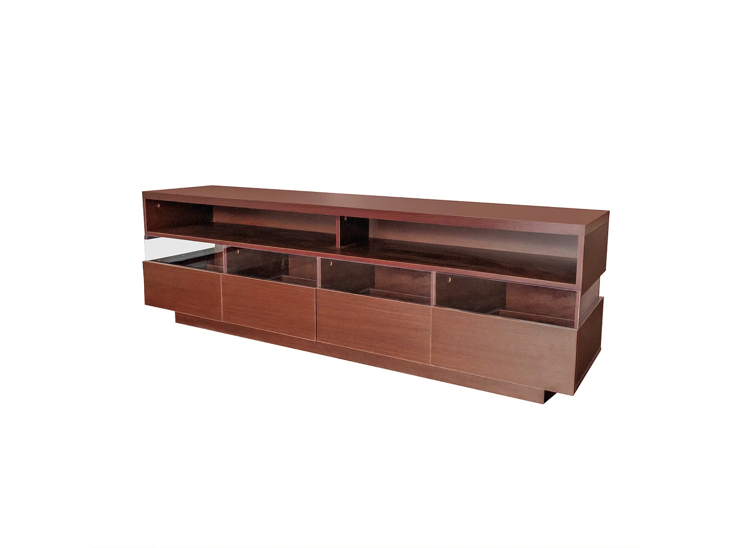 Meuble TV en bois 173,5x55x38cm, panneau bas avecLED, 2 compartiments et 4 tiroirs, beaucoup d'espace de rangement, Naturel
