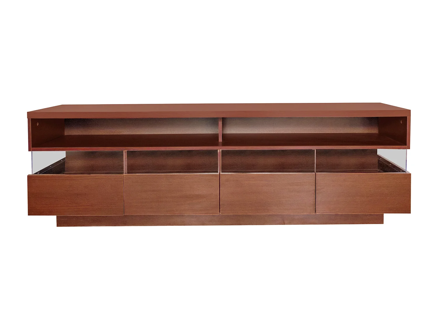 Meuble TV en bois 173,5x55x38cm, panneau bas avecLED, 2 compartiments et 4 tiroirs, beaucoup d'espace de rangement, Naturel