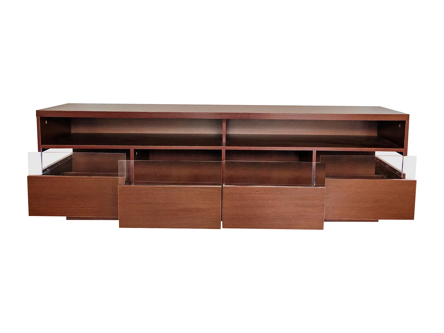 Meuble TV en bois 173,5x55x38cm, panneau bas avecLED, 2 compartiments et 4 tiroirs, beaucoup d'espace de rangement, Naturel