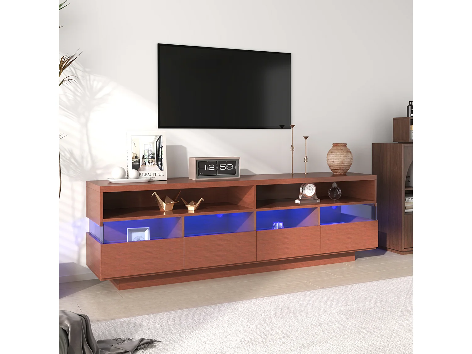 Meuble TV en bois 173,5x55x38cm, panneau bas avecLED, 2 compartiments et 4 tiroirs, beaucoup d'espace de rangement, Naturel