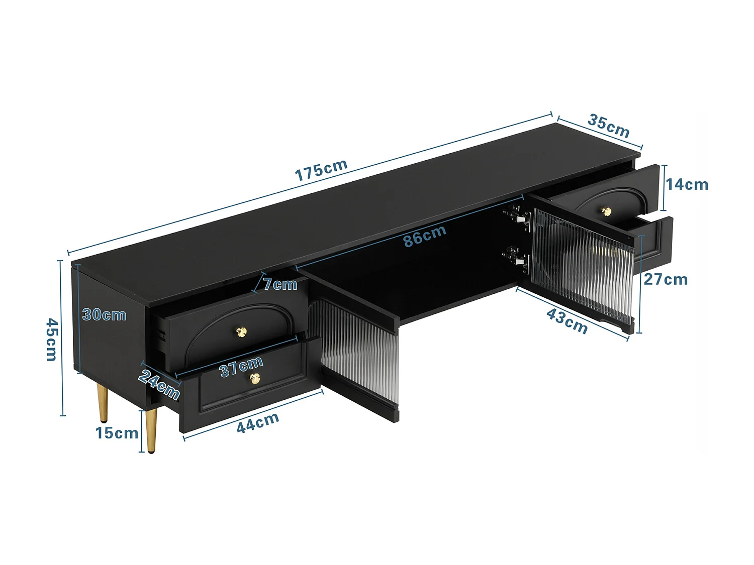 Meuble TV 175cm, avec 4 tiroirs de rangement, 2 portes en verre, Pieds et poignées en métal Doré, Meuble de salon en bois - Noir