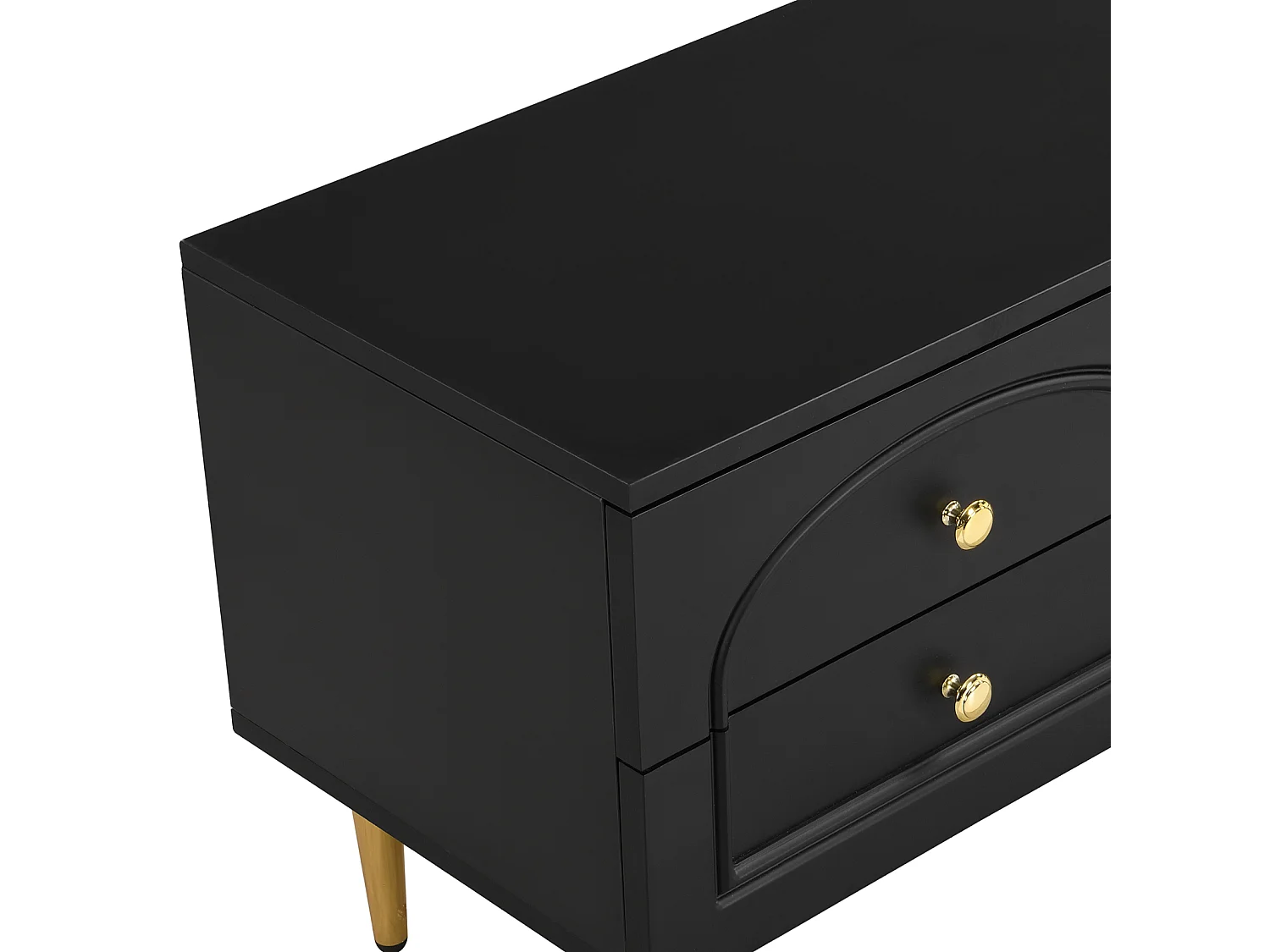 Meuble TV 175cm, avec 4 tiroirs de rangement, 2 portes en verre, Pieds et poignées en métal Doré, Meuble de salon en bois - Noir