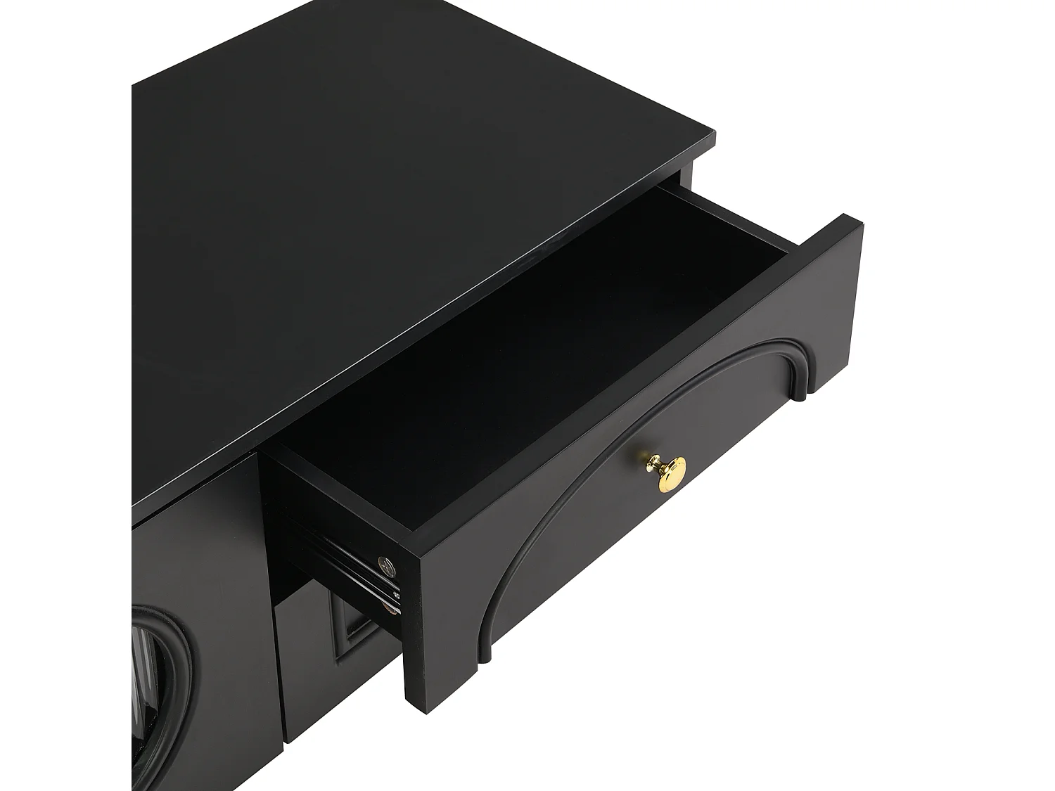 Meuble TV 175cm, avec 4 tiroirs de rangement, 2 portes en verre, Pieds et poignées en métal Doré, Meuble de salon en bois - Noir