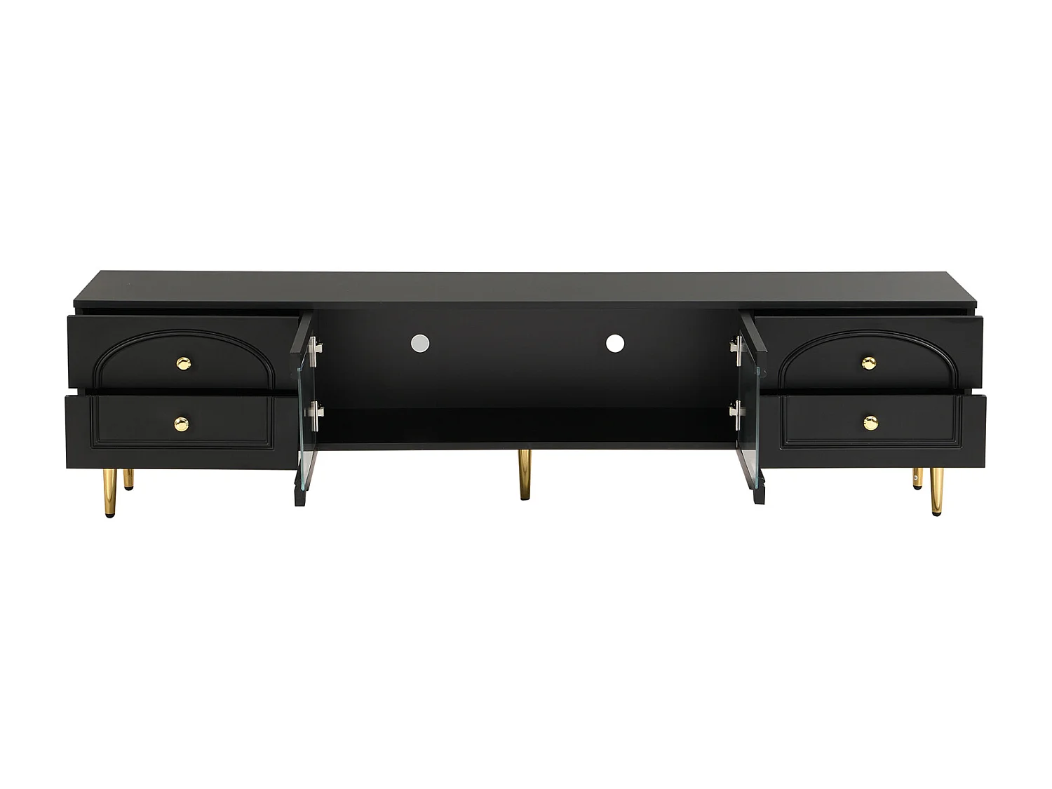 Meuble TV 175cm, avec 4 tiroirs de rangement, 2 portes en verre, Pieds et poignées en métal Doré, Meuble de salon en bois - Noir