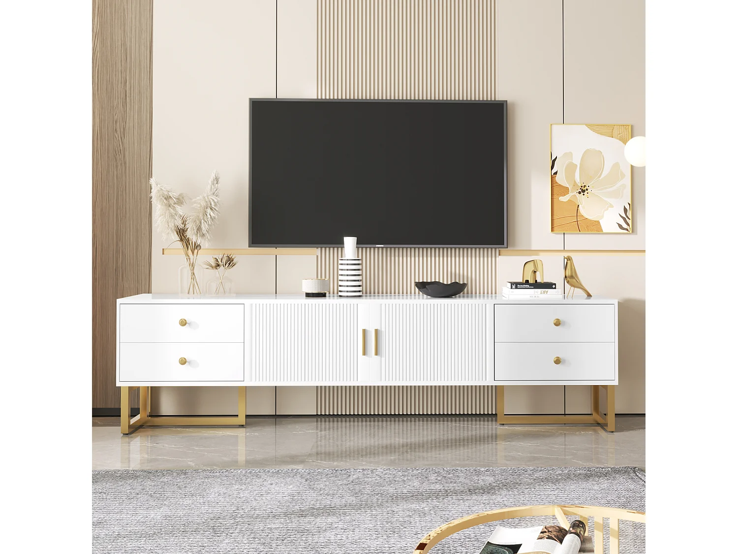 Meuble TV 175x30x46cm, panneau bas avec porte texturée, iroirs, poignées dorées et pieds dorés, blanc
