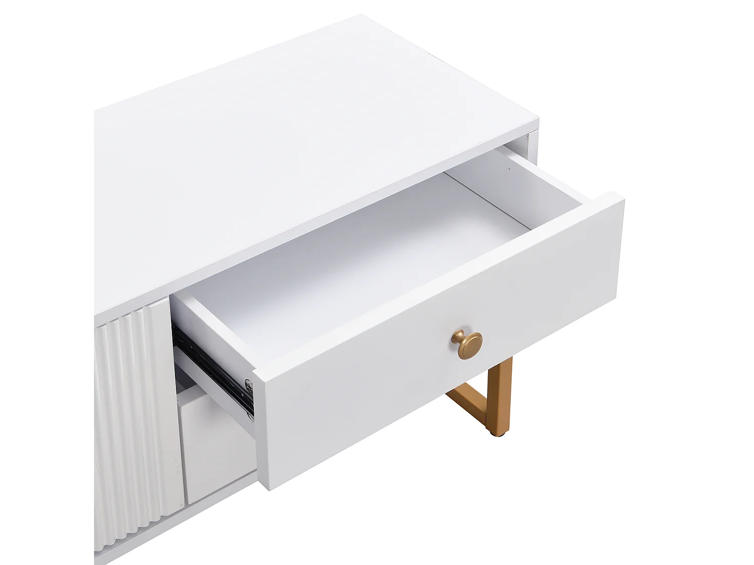 Meuble TV 175x30x46cm, panneau bas avec porte texturée, iroirs, poignées dorées et pieds dorés, blanc