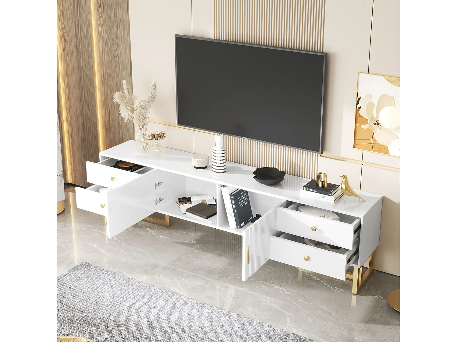 Meuble TV 175x30x46cm, panneau bas avec porte texturée, iroirs, poignées dorées et pieds dorés, blanc