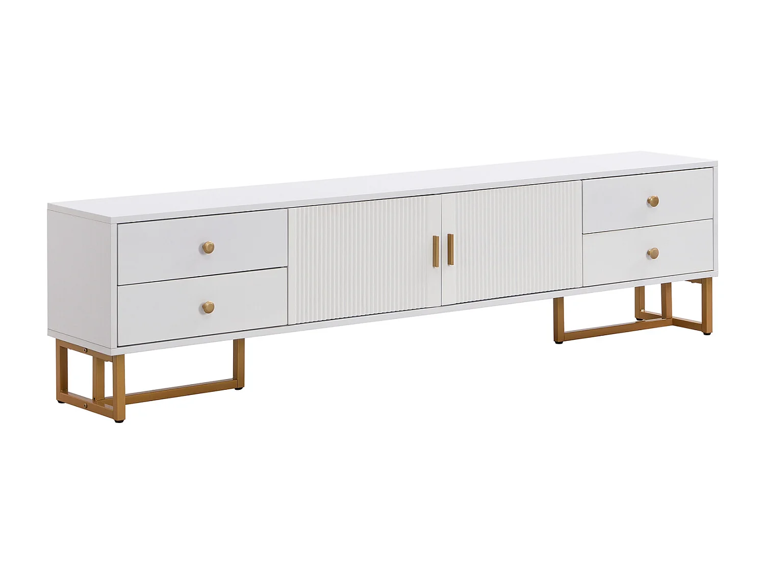 Meuble TV 175x30x46cm, panneau bas avec porte texturée, iroirs, poignées dorées et pieds dorés, blanc