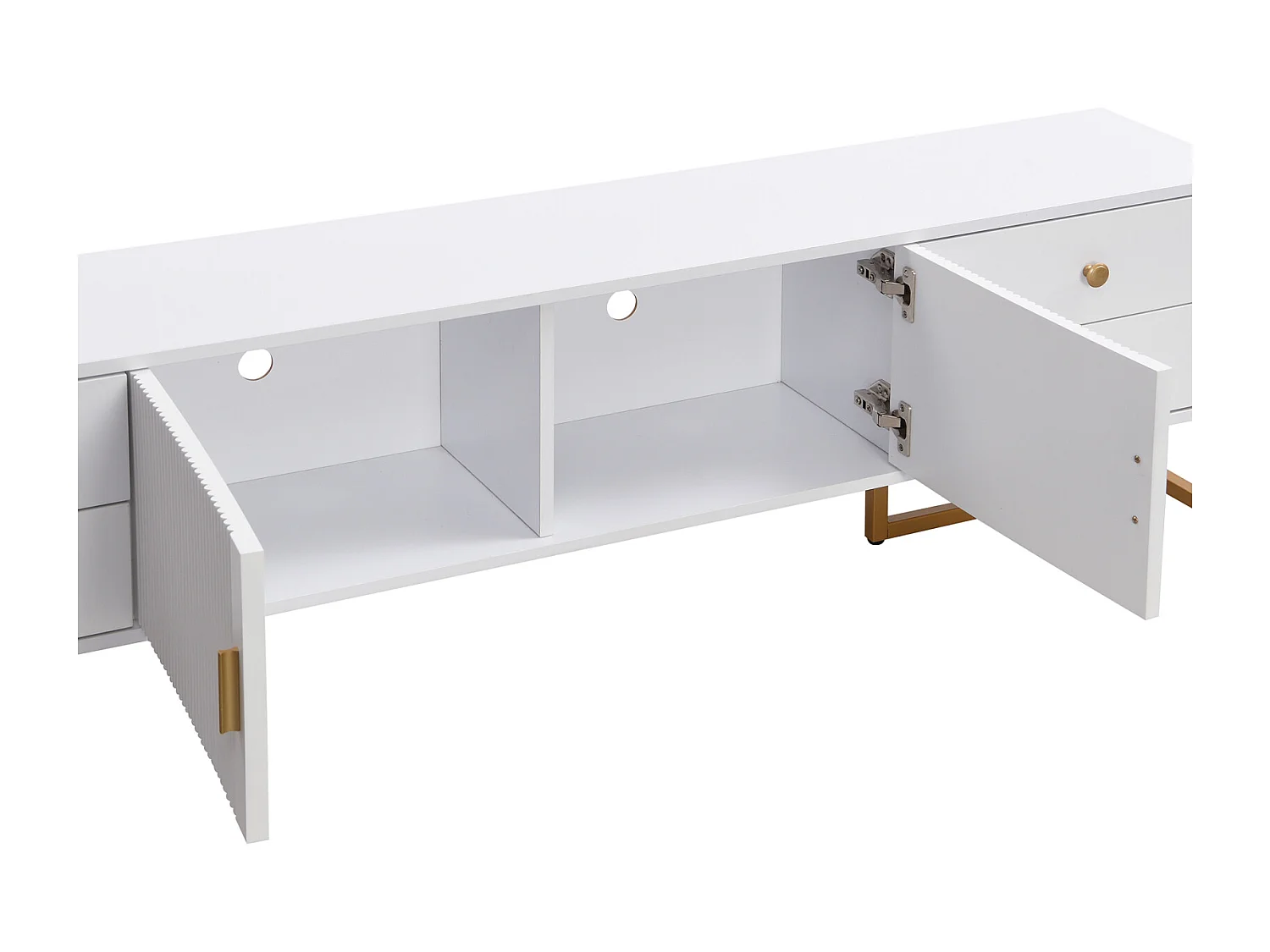 Meuble TV 175x30x46cm, panneau bas avec porte texturée, iroirs, poignées dorées et pieds dorés, blanc