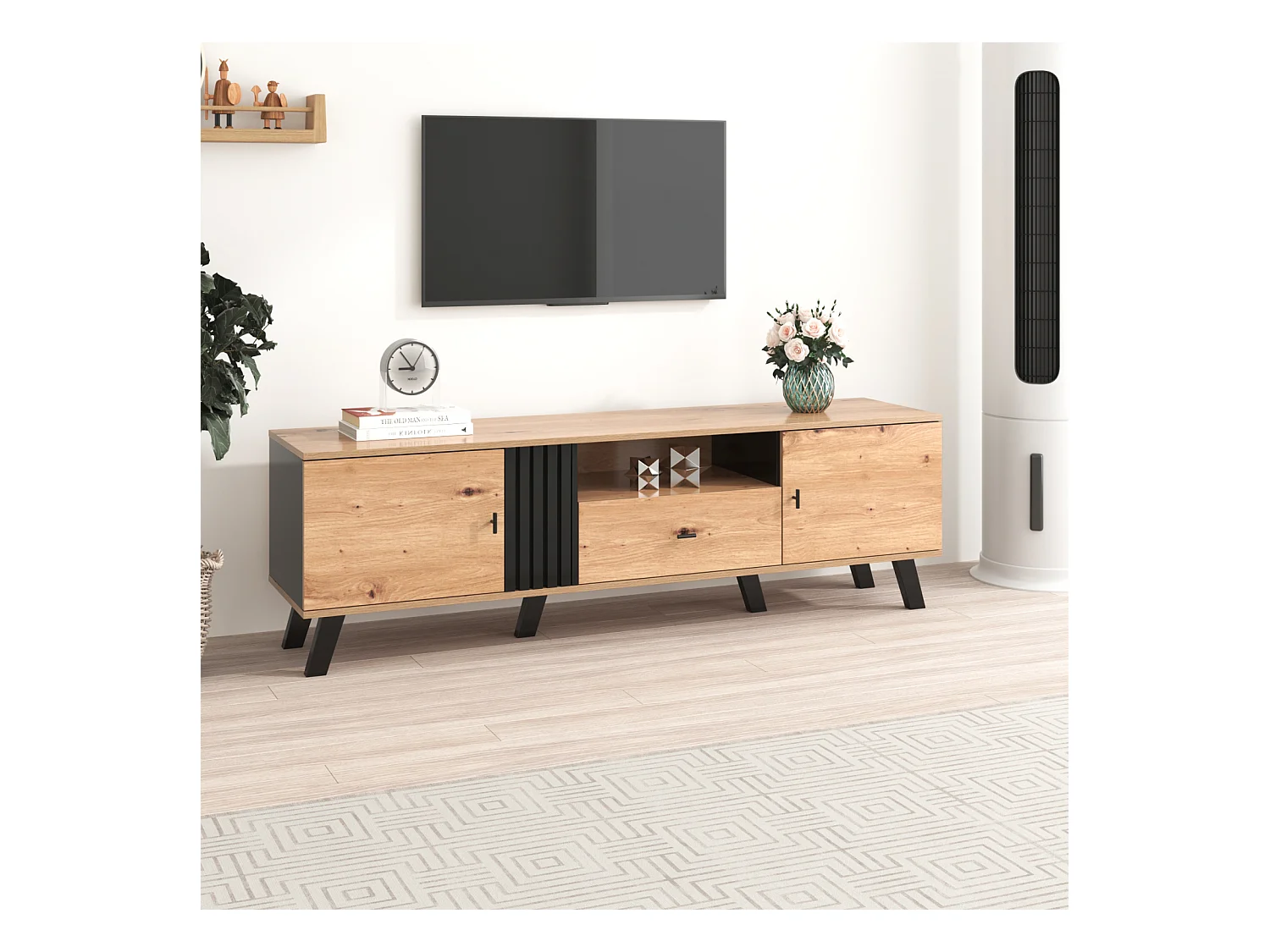 Meuble TV 170x40x50cm, Meuble bas avec tiroirs, 2 portes, multiples fonctions de rangement, design bois et noir