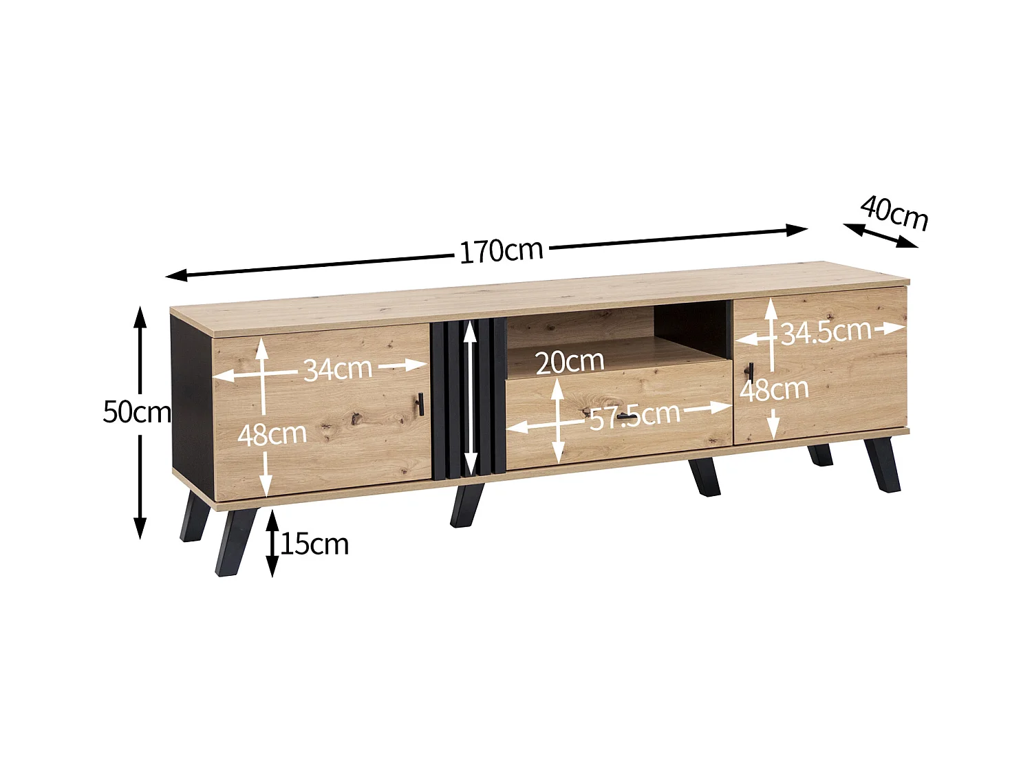 Meuble TV 170x40x50cm, Meuble bas avec tiroirs, 2 portes, multiples fonctions de rangement, design bois et noir