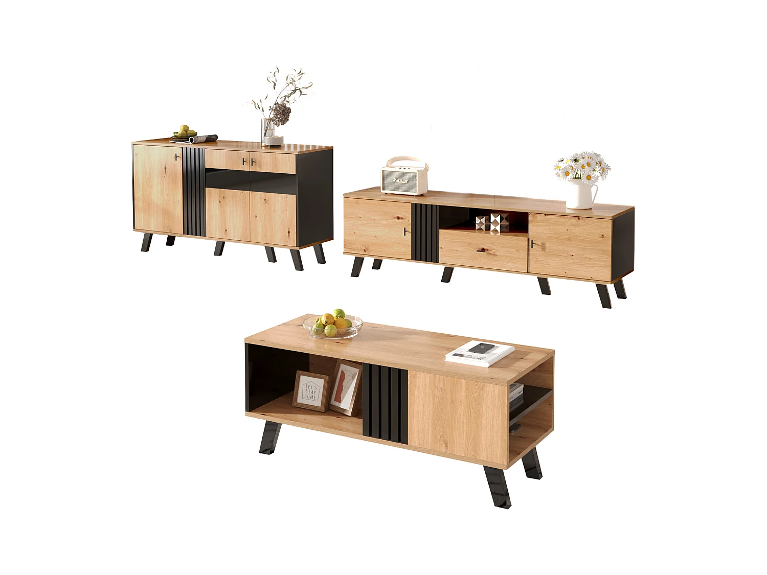 Meuble TV 170x40x50cm, Meuble bas avec tiroirs, 2 portes, multiples fonctions de rangement, design bois et noir