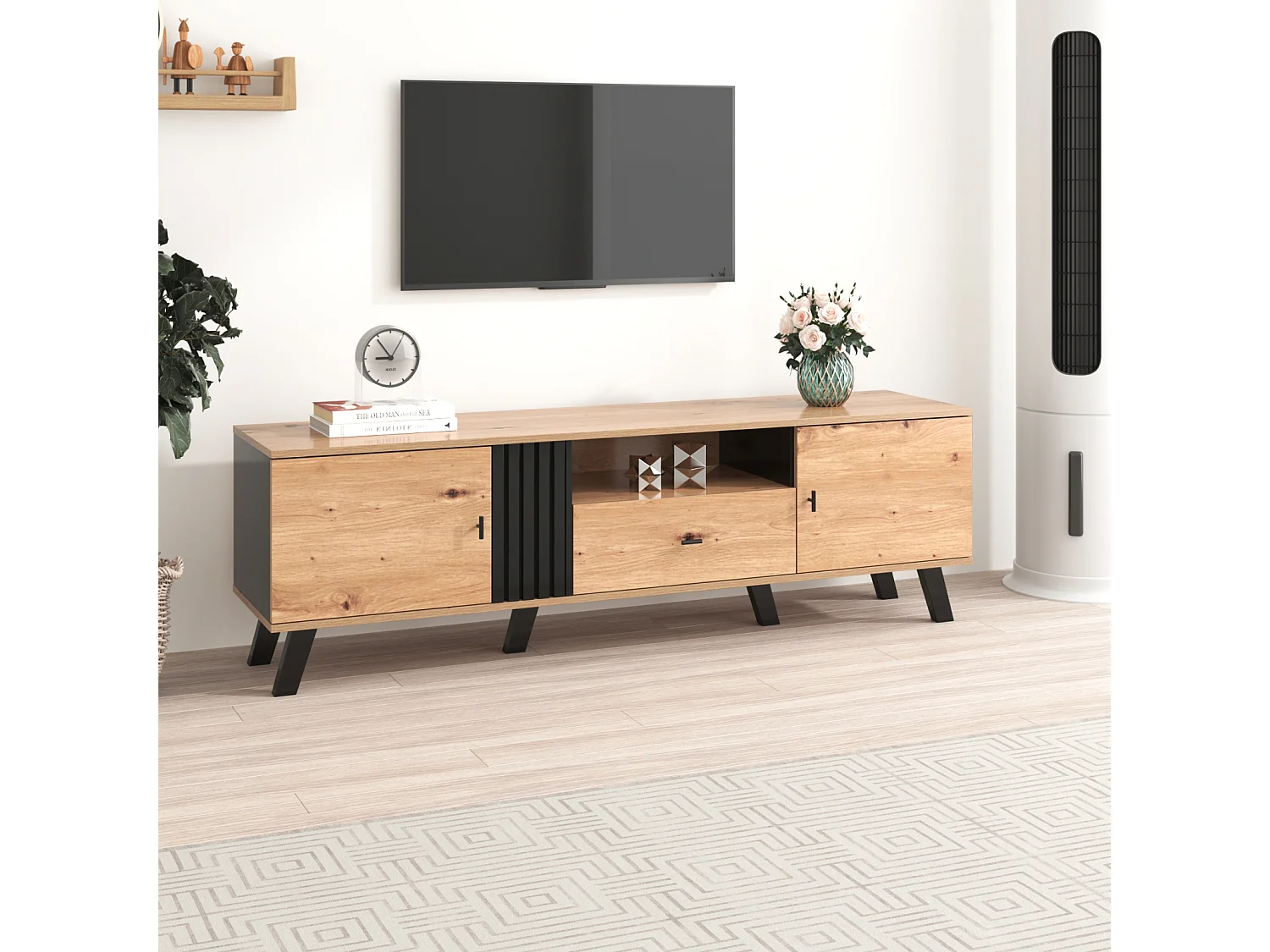Meuble TV 170x40x50cm, Meuble bas avec tiroirs, 2 portes, multiples fonctions de rangement, design bois et noir