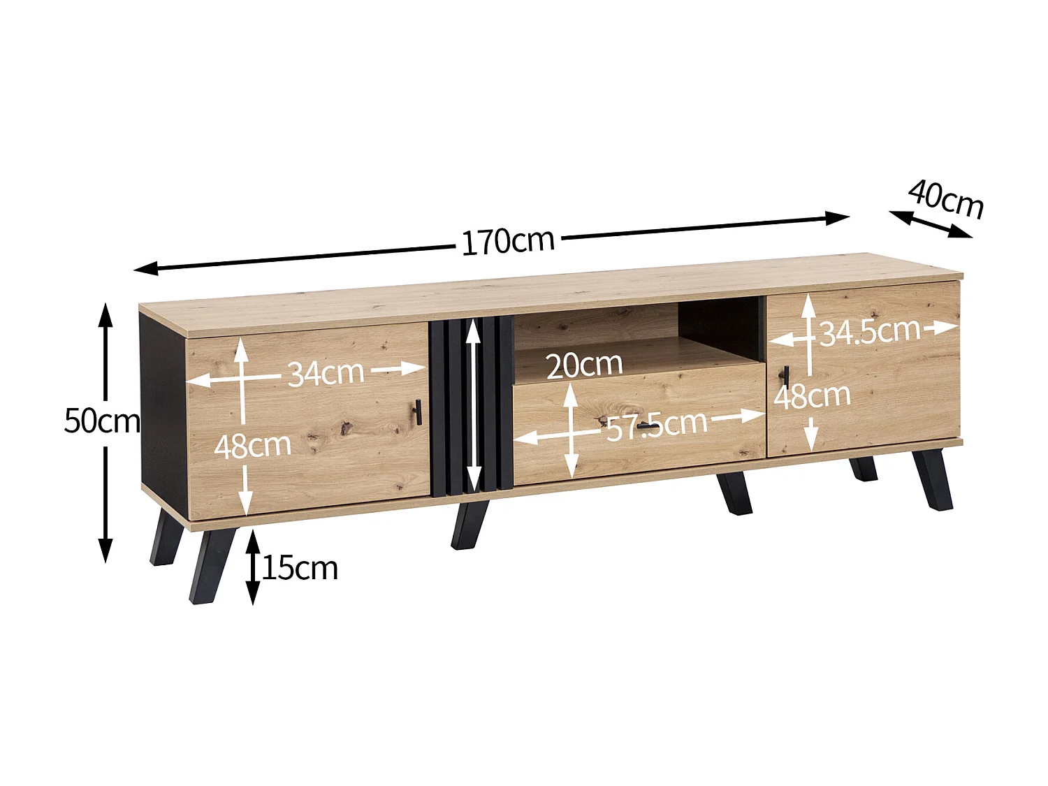 Meuble TV 170x40x50cm, Meuble bas avec tiroirs, 2 portes, multiples fonctions de rangement, design bois et noir