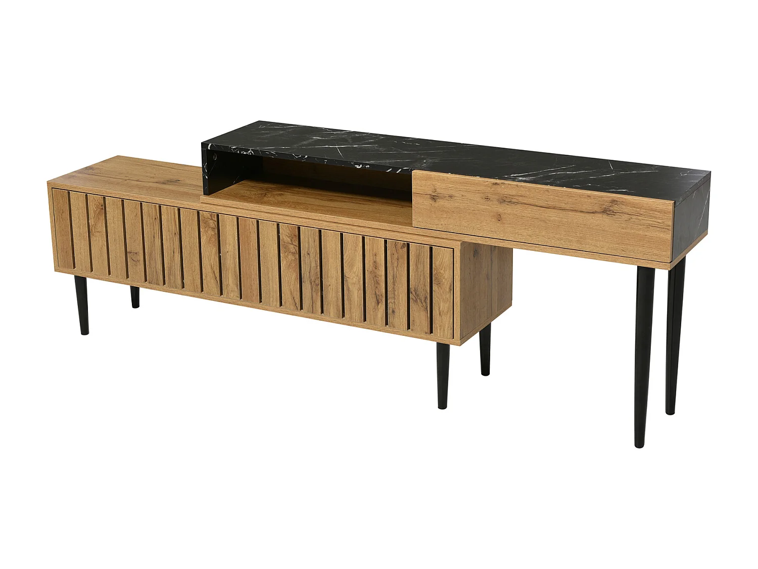 Meuble TV moderne avec design de marbre et de veines de bois -bord en PVC, pieds en fer, couleur bois foncé - 129x30x58cm