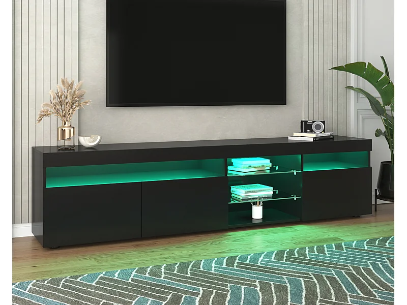 Mueble de TV, contemporáneo, con LED, con 3 puertas y estante, MDF, negro, 180x35x45cm