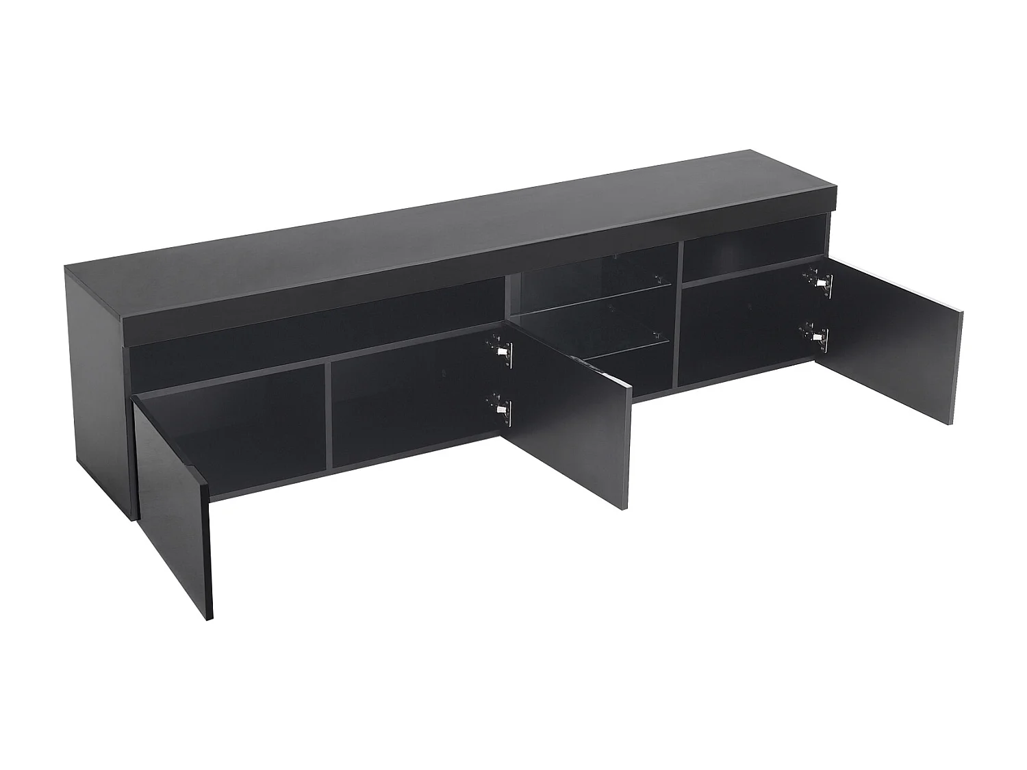 Meuble TV, contemporain, avec led, avec 3 portes et étagère, MDF, noir, 180x35x45cm