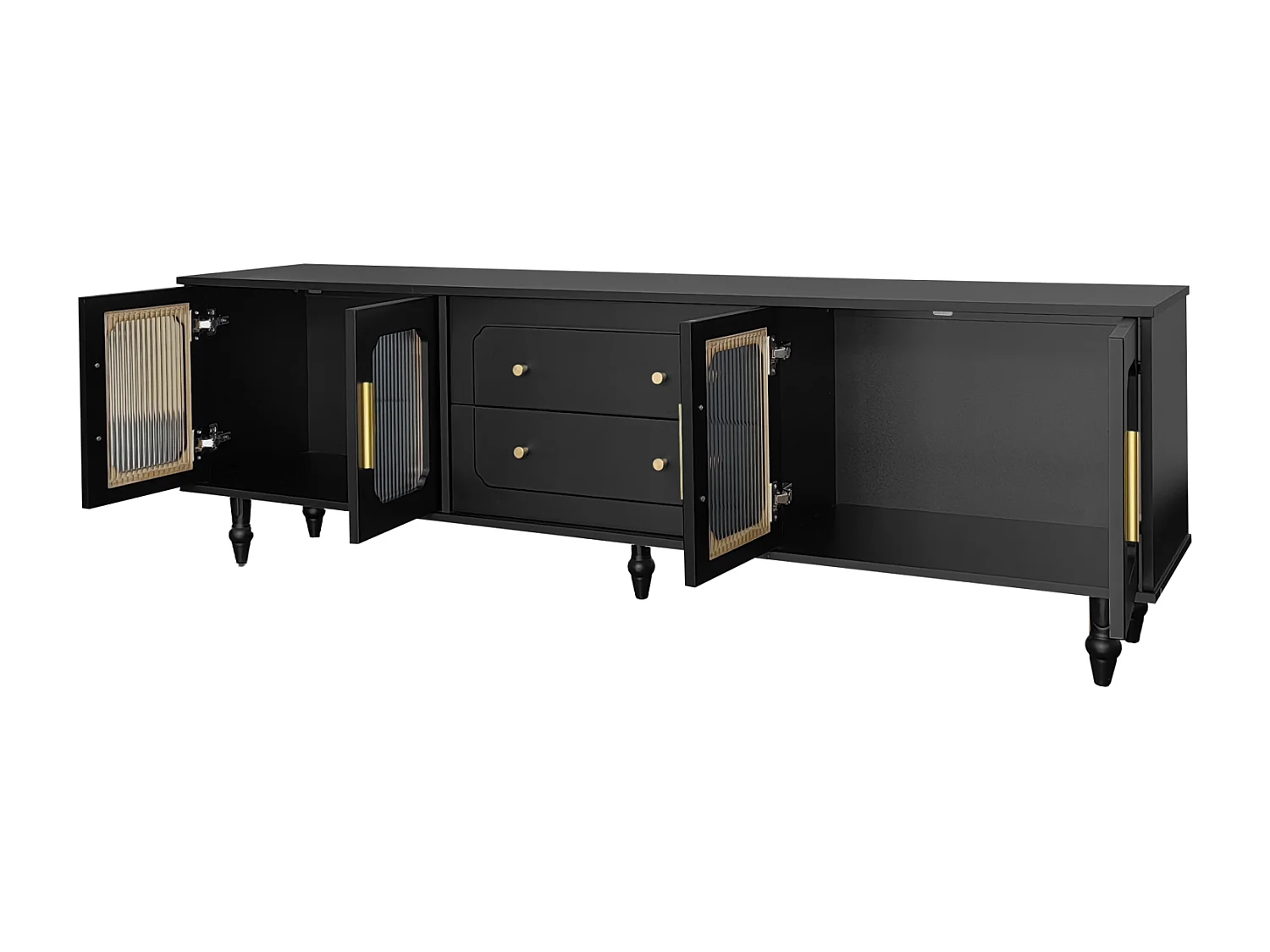 Meuble TV 175cm, avec 4 portes en rotin, 2 tiroirs, Pieds en métal, poignée en métal, style Scandinave, Meuble de salon - Noir