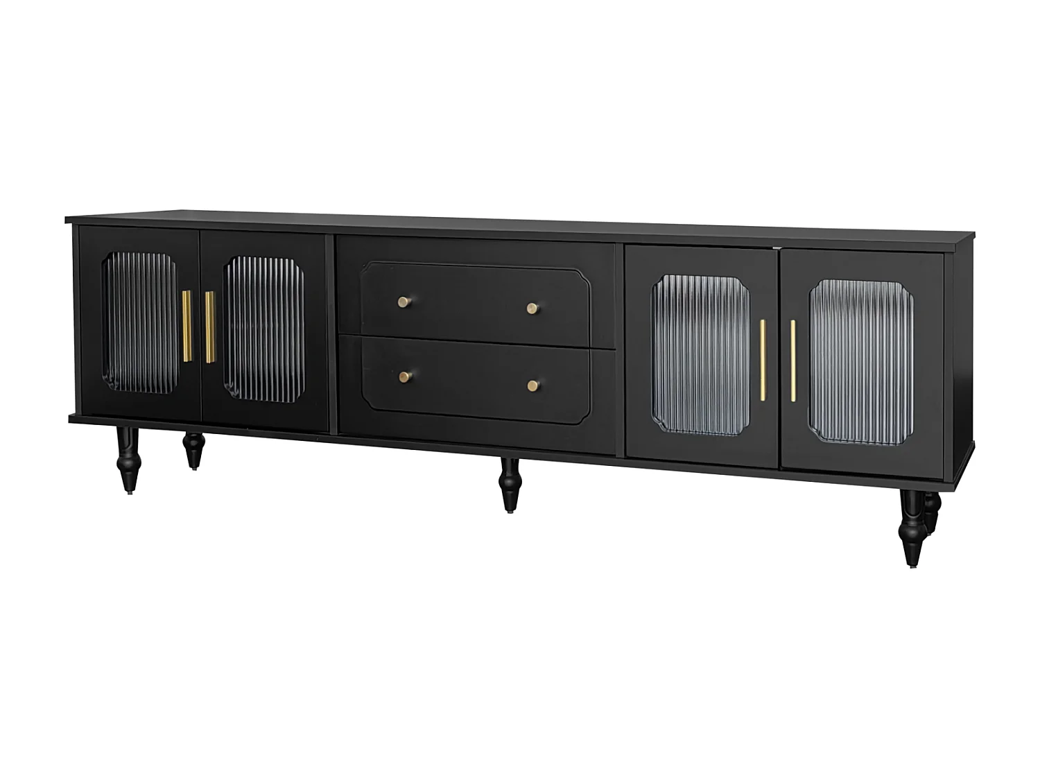 Meuble TV 175cm, avec 4 portes en rotin, 2 tiroirs, Pieds en métal, poignée en métal, style Scandinave, Meuble de salon - Noir