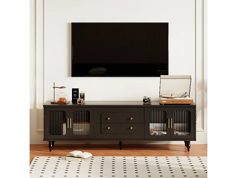 TV-meubel 175cm, met 4 rotandeuren, 2 lades, metalen poten, metalen handgreep, Scandinavische stijl, woonkamermeubel - Zwart