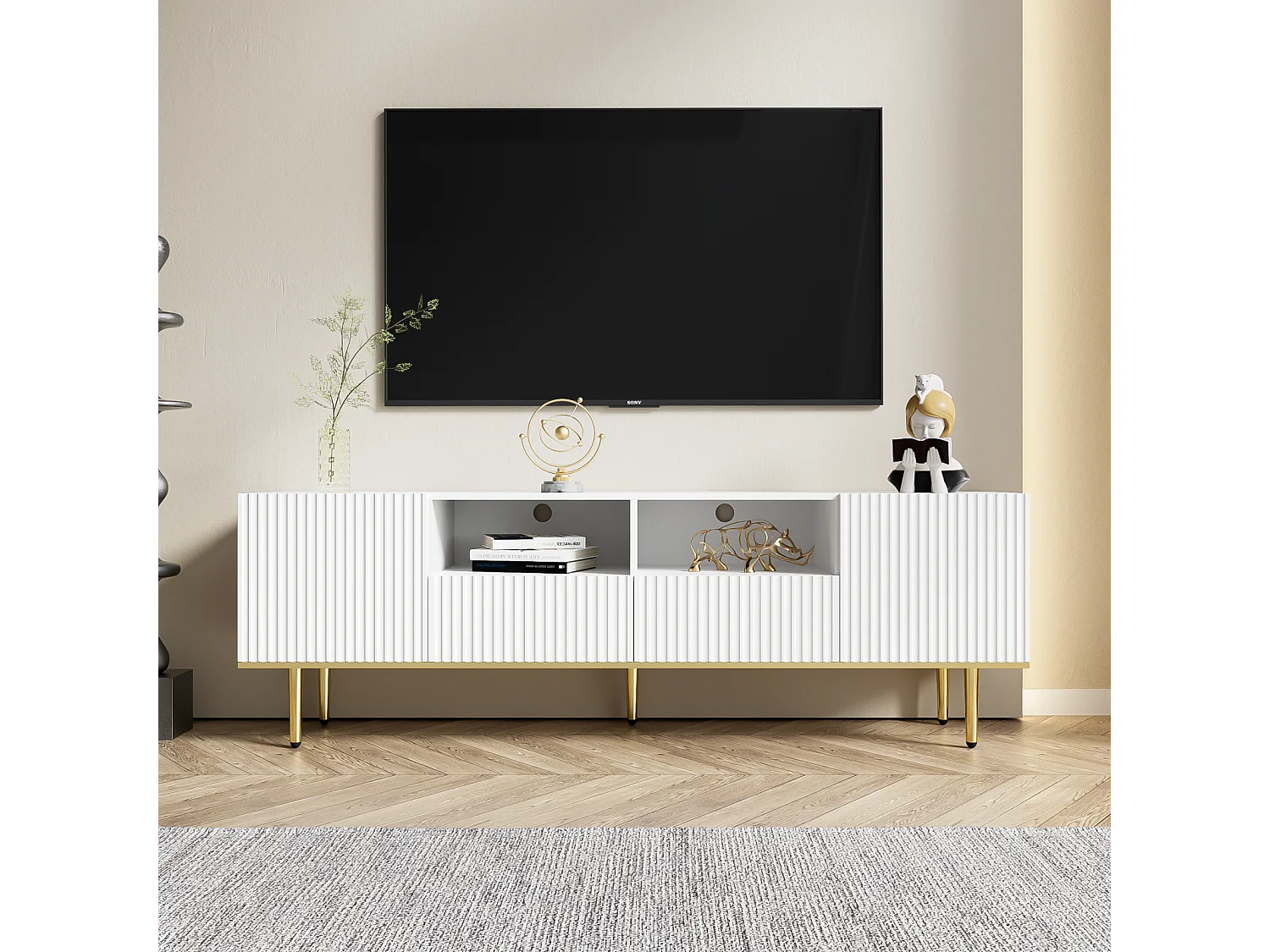 TV-Schrank 165x36x55cm, mit 2 Türen, 2 Schubladen und 2 Fächern, Goldfüße und Goldkante, Weiß