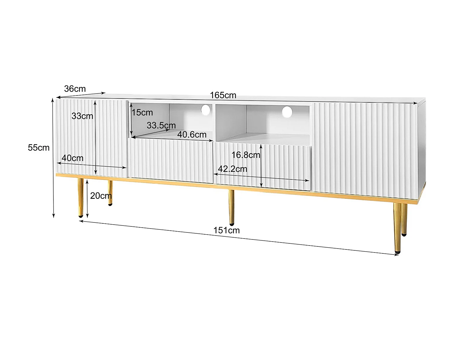 TV-Schrank 165x36x55cm, mit 2 Türen, 2 Schubladen und 2 Fächern, Goldfüße und Goldkante, Weiß