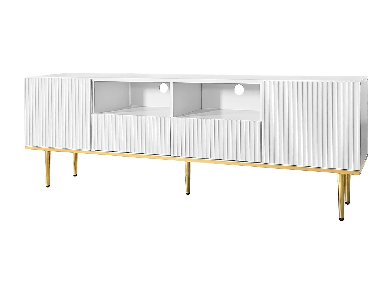Meuble TV 165x36x55cm, avec 2 portes, 2 tiroirs et 2 compartiments, pieds dorés et bord doré, Blanc
