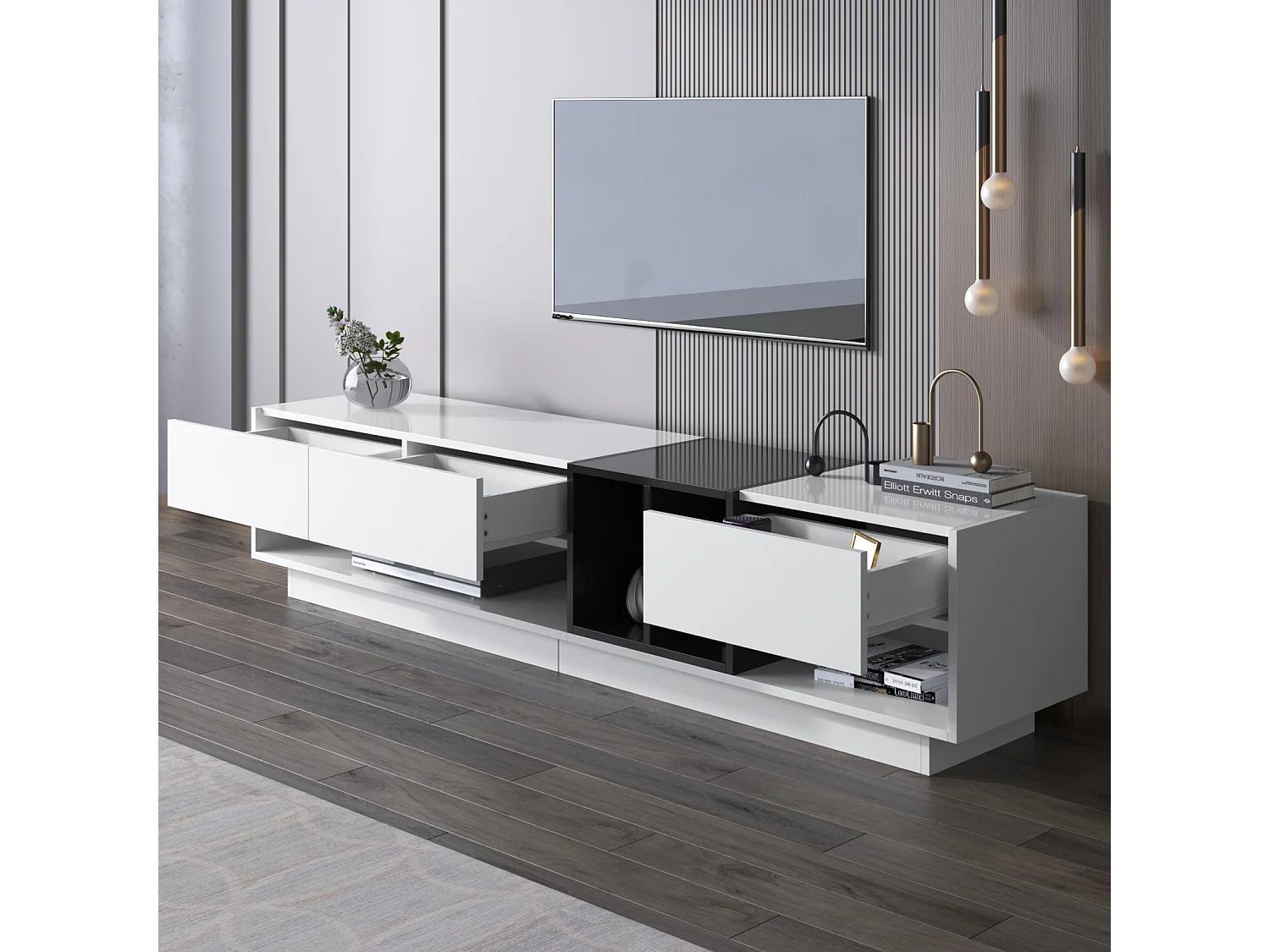 Móvel TV 190cm, com 3 gavetas, prateleiras abertas, design em bloco de cores, estilo moderno - Branco