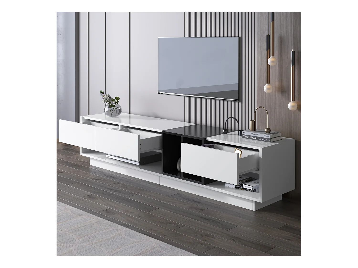 Meuble TV 190cm, avec 3 tiroirs, étagères ouvertes, Design à blocs de couleur, style moderne - Blanc