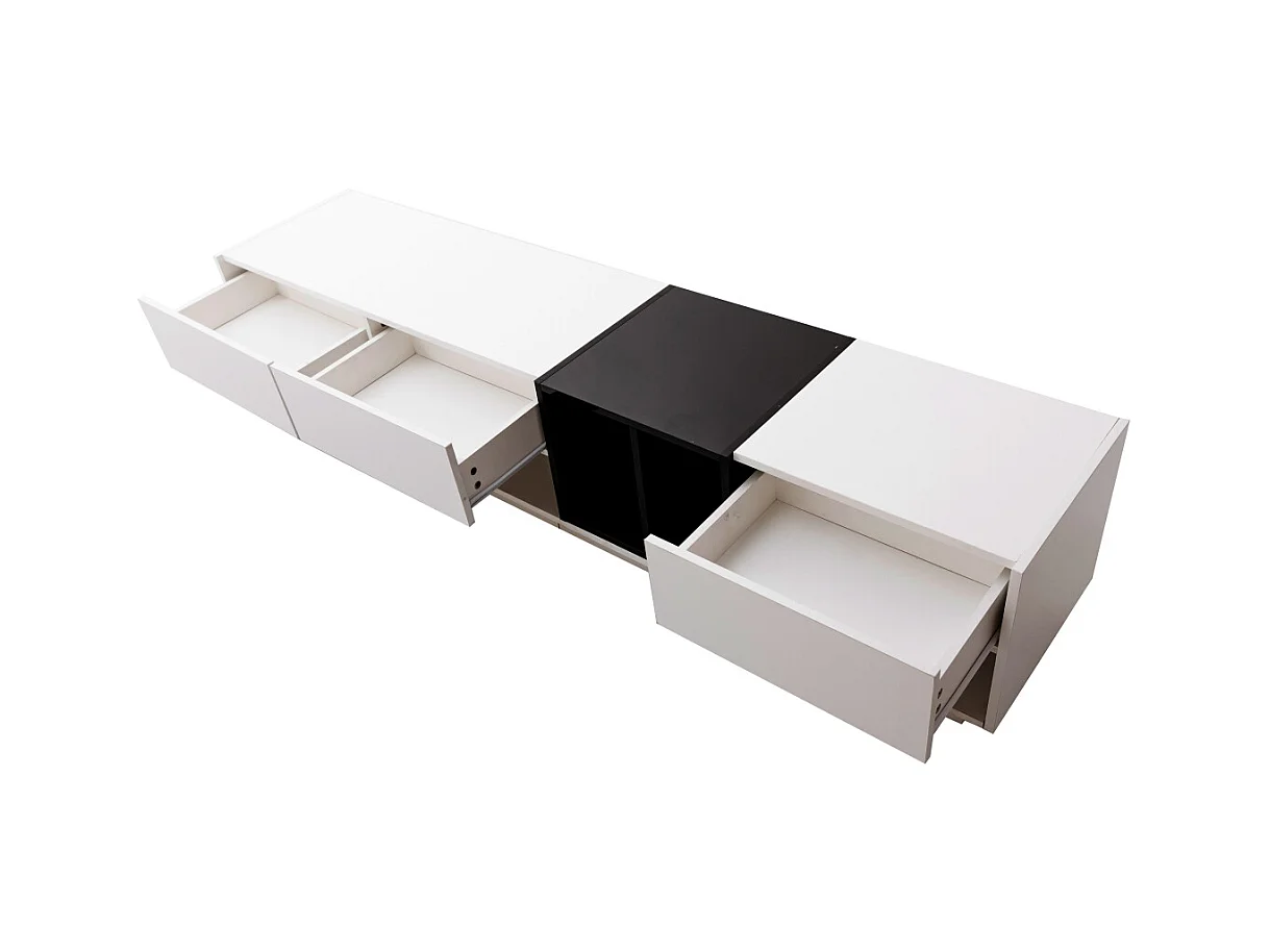 Meuble TV 190cm, avec 3 tiroirs, étagères ouvertes, Design à blocs de couleur, style moderne - Blanc