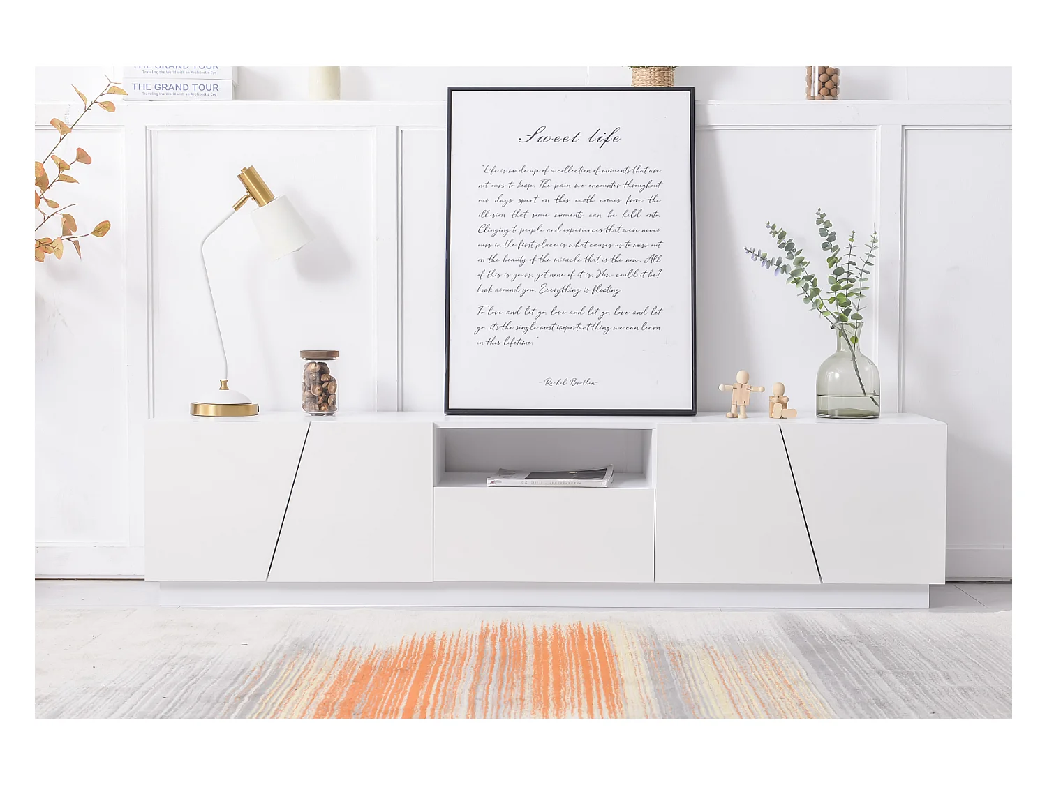 Meuble TV 170cm, avec tiroir, 4 portes, compartiment ouvert, style scandinave, Commode TV - Blanc