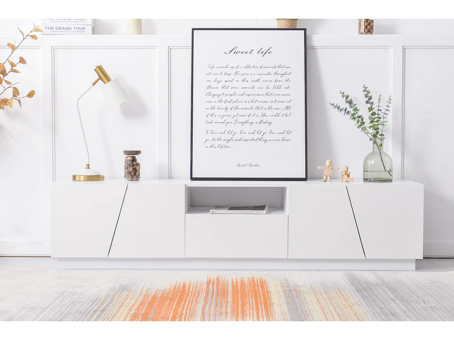 Mueble de TV de 170 cm, con cajón, 4 puertas, compartimento abierto, estilo escandinavo, cómoda de TV - Blanco