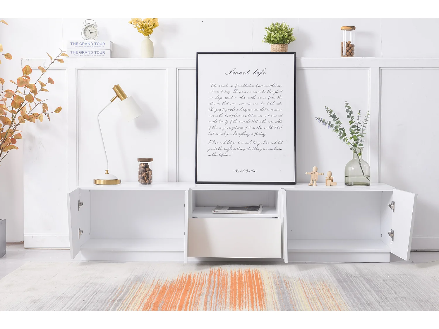 Mueble de TV de 170 cm, con cajón, 4 puertas, compartimento abierto, estilo escandinavo, cómoda de TV - Blanco