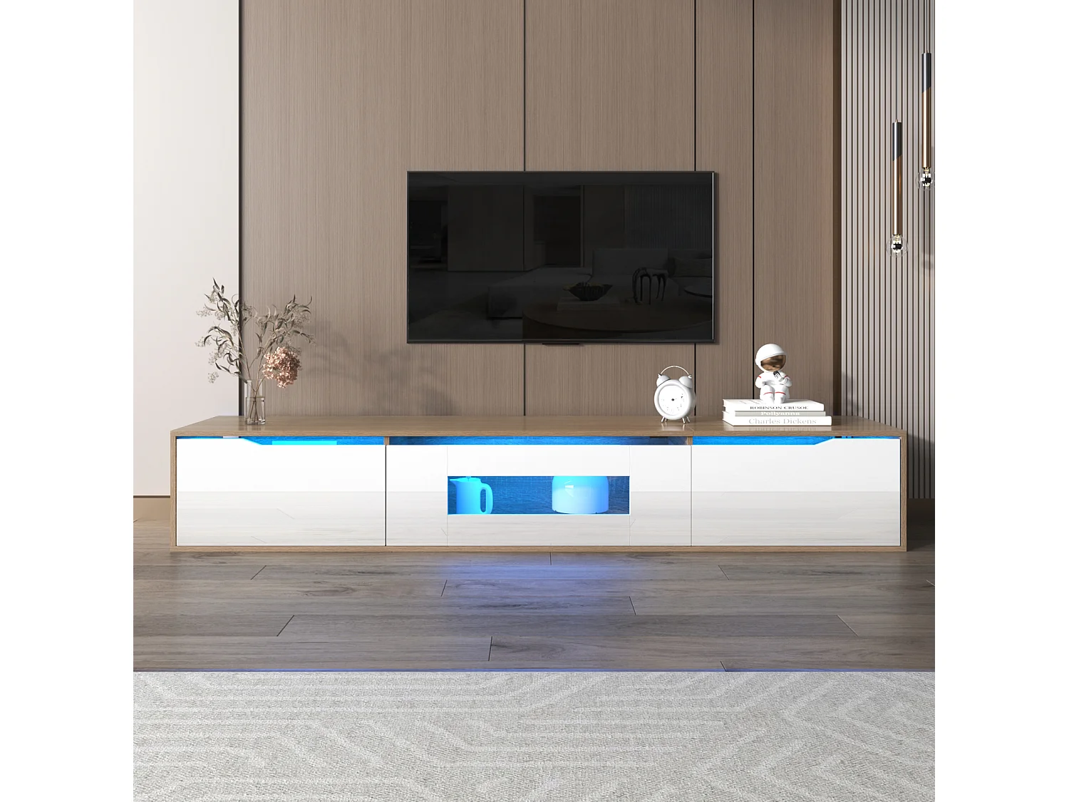 Meuble TV 180cm, avec éclairage LED à changement de couleur, portes pliantes, laqué Meuble TV suspendu, style moderne - Blanc
