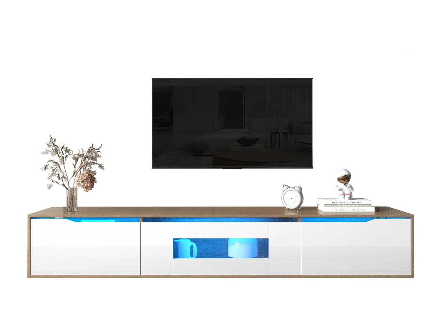 Meuble TV 180cm, avec éclairage LED à changement de couleur, portes pliantes, laqué Meuble TV suspendu, style moderne - Blanc