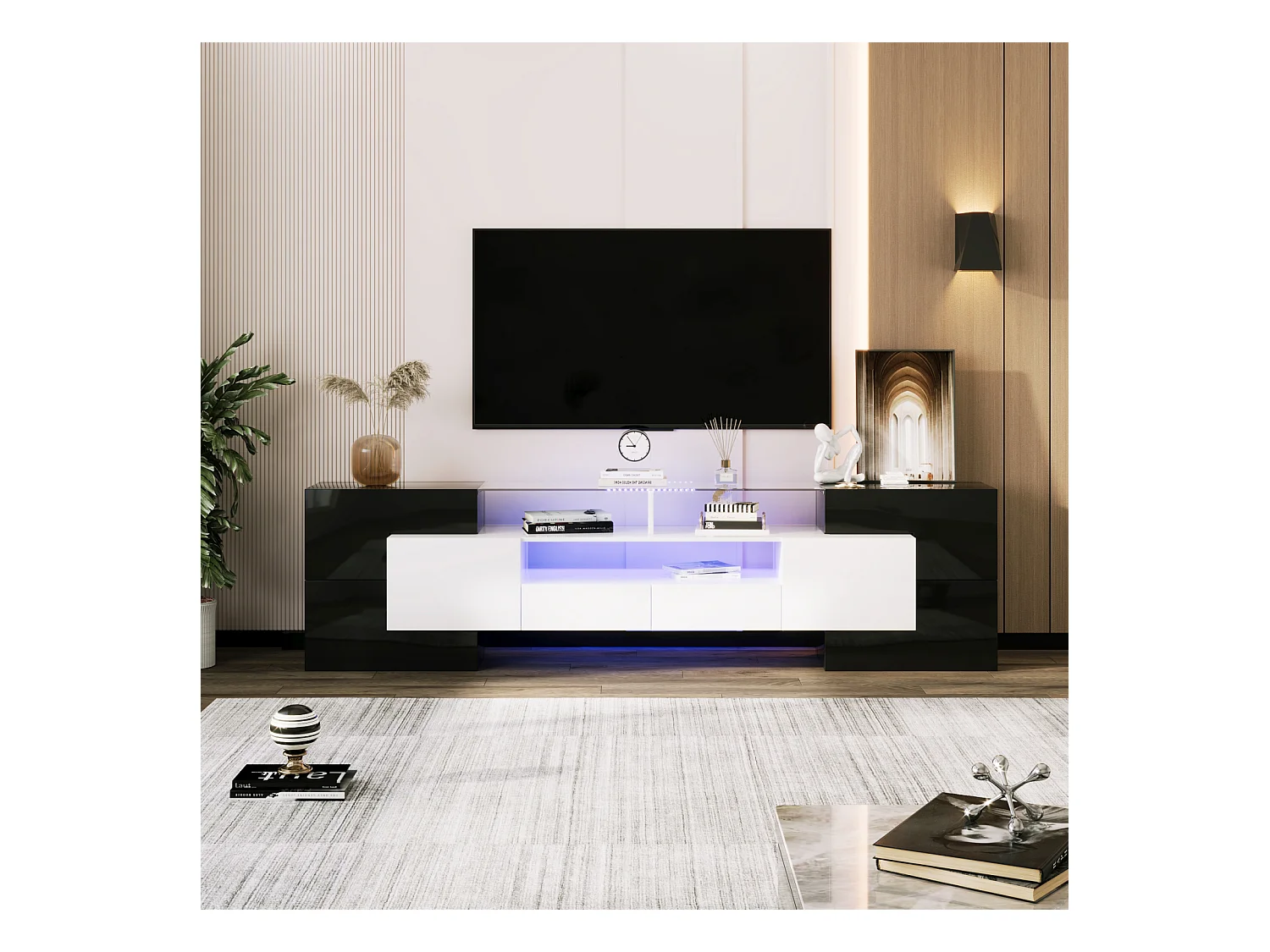 Meuble TV - 200x38x48cm - Blanc et noir brillant - 4 portes, 2 tiroirs, 3 compartiments