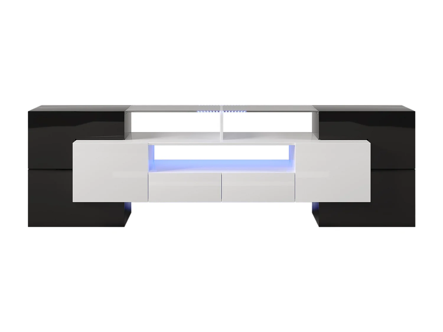 Meuble TV - 200x38x48cm - Blanc et noir brillant - 4 portes, 2 tiroirs, 3 compartiments