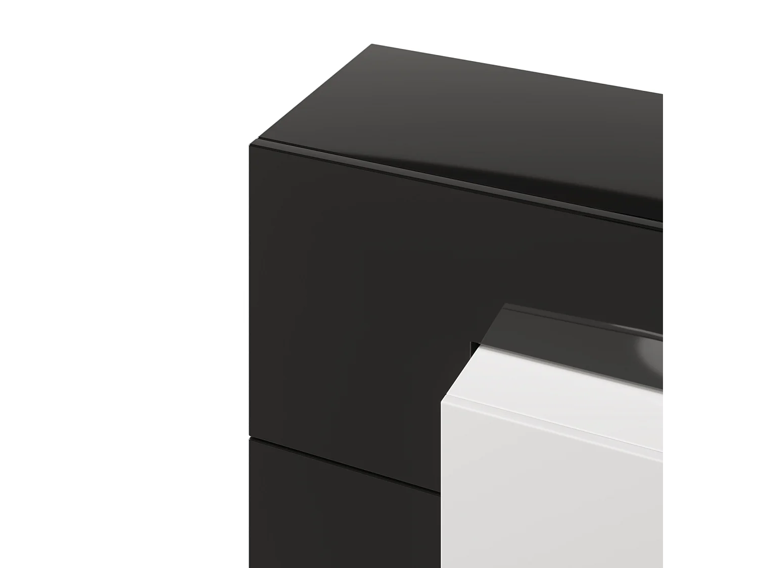 Meuble TV - 200x38x48cm - Blanc et noir brillant - 4 portes, 2 tiroirs, 3 compartiments