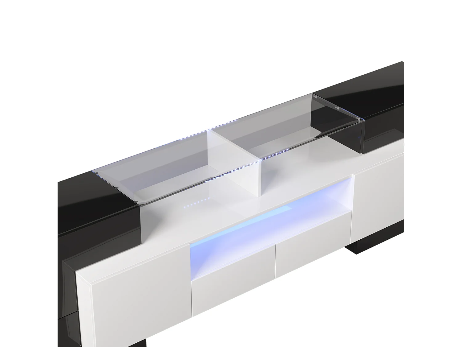 Meuble TV - 200x38x48cm - Blanc et noir brillant - 4 portes, 2 tiroirs, 3 compartiments