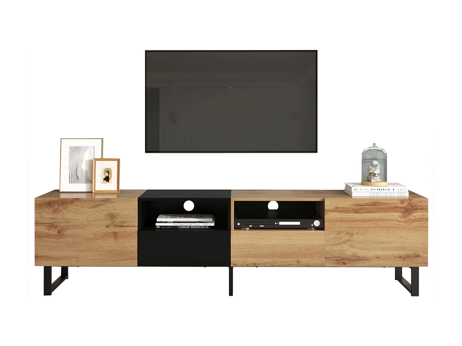 190cm TV-Schrank, mit 2 Schubladen, 2 Türen, 2 offenen Fächern, skandinavischer Stil, TV-Kommode in Wildeiche - Braun