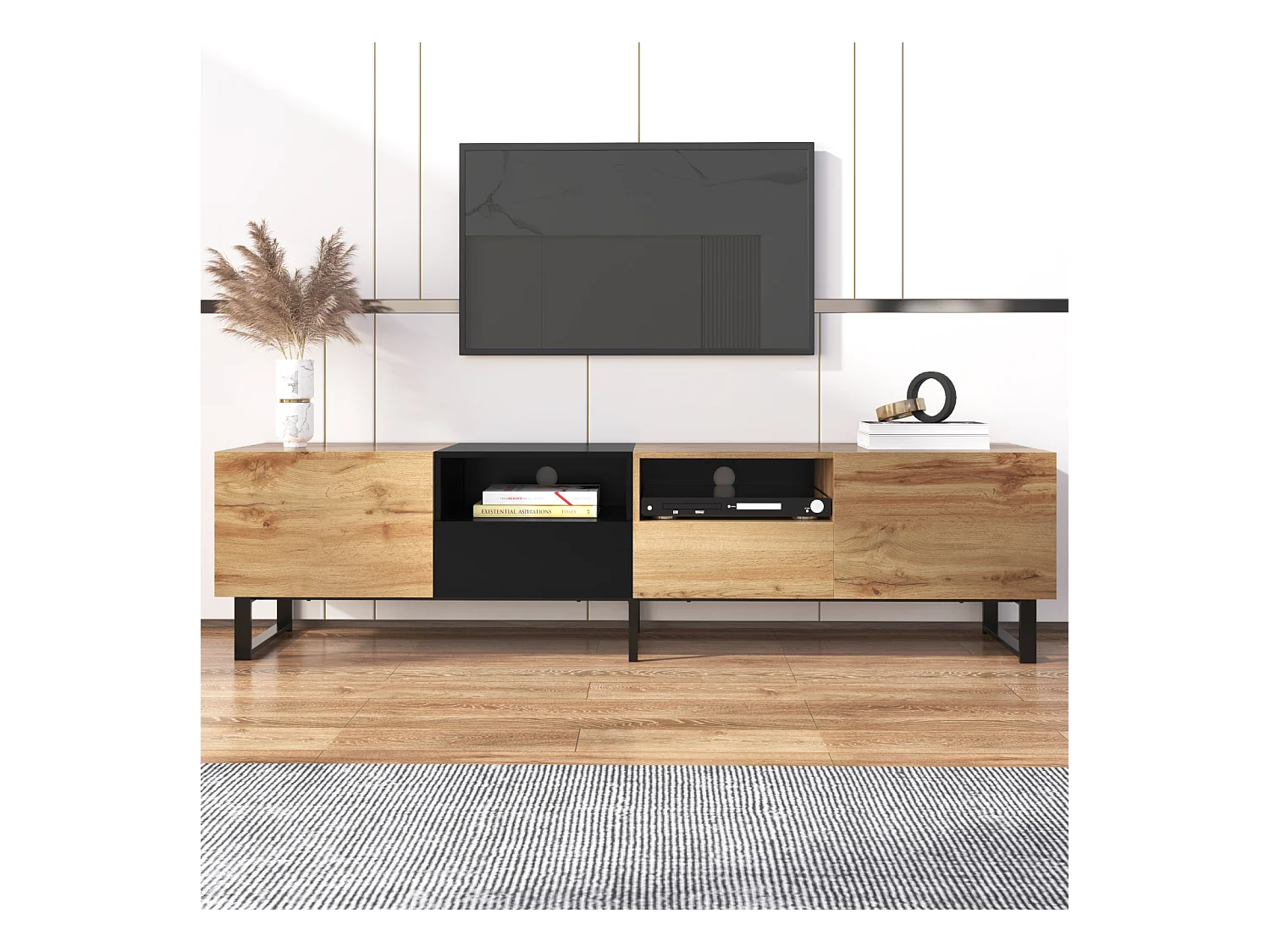 Mobile TV 190cm, con 2 cassetti, 2 ante, 2 scomparti aperti, stile scandinavo, cassettiera TV in rovere selvatico - Marrone