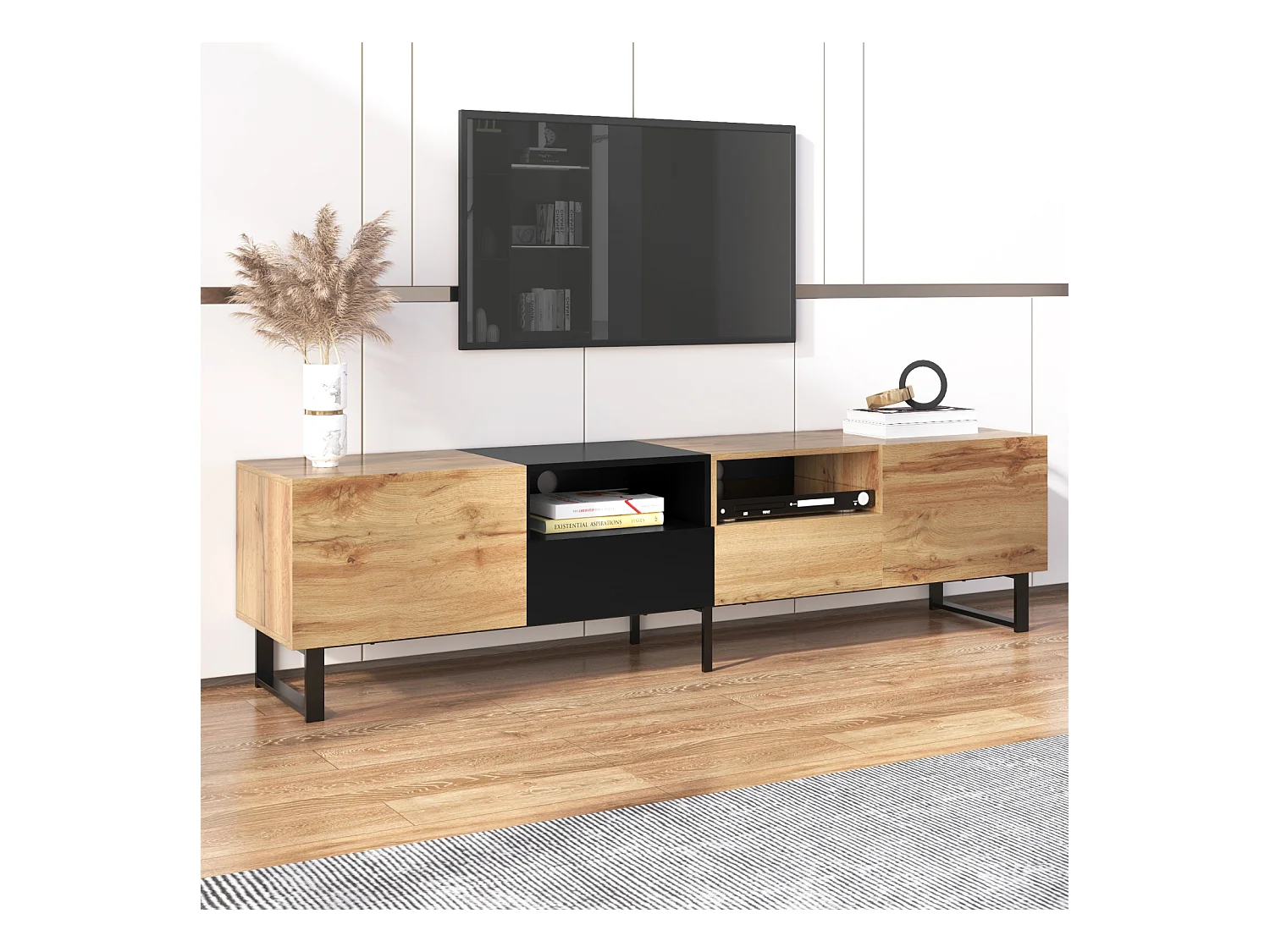 Meuble TV 190cm, avec 2 tiroir, 2 portes, 2 compartiment ouvert, style scandinave, Commode TV en chêne sauvage - Marron