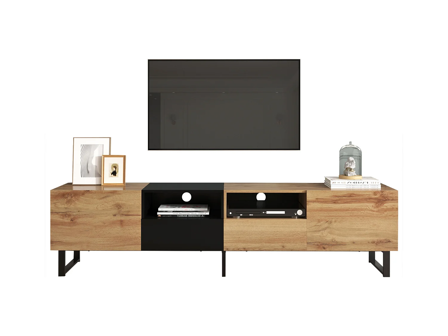Meuble TV 190cm, avec 2 tiroir, 2 portes, 2 compartiment ouvert, style scandinave, Commode TV en chêne sauvage - Marron