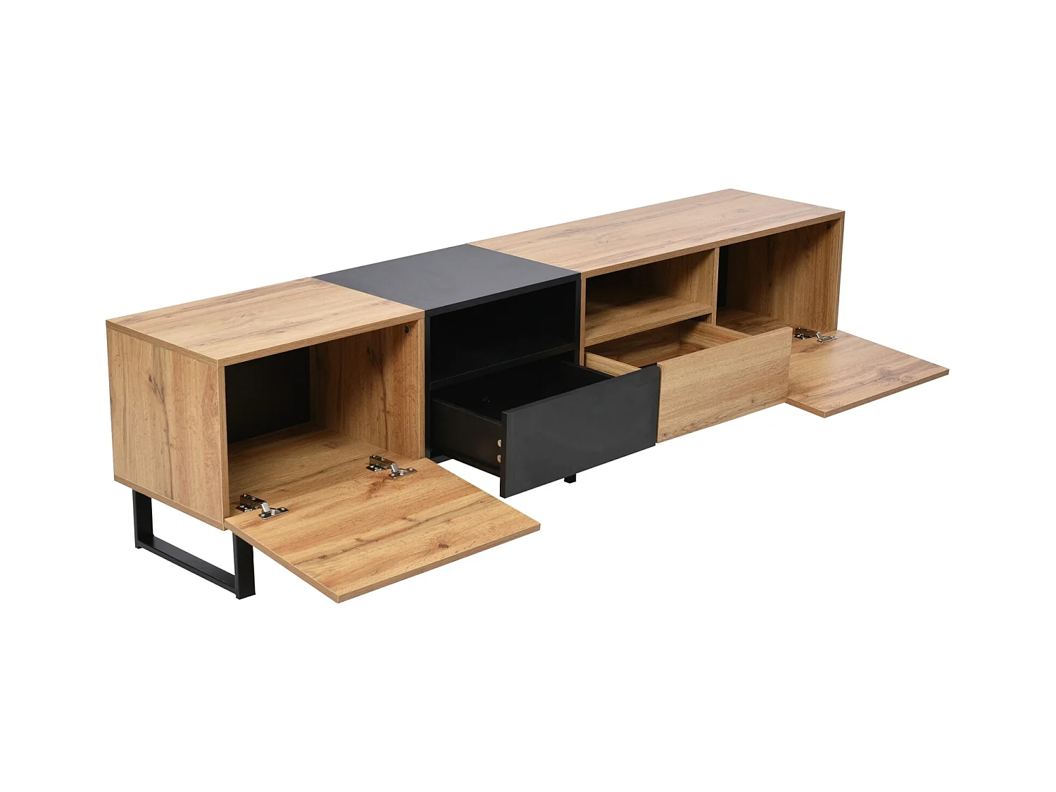 Meuble TV 190cm, avec 2 tiroir, 2 portes, 2 compartiment ouvert, style scandinave, Commode TV en chêne sauvage - Marron