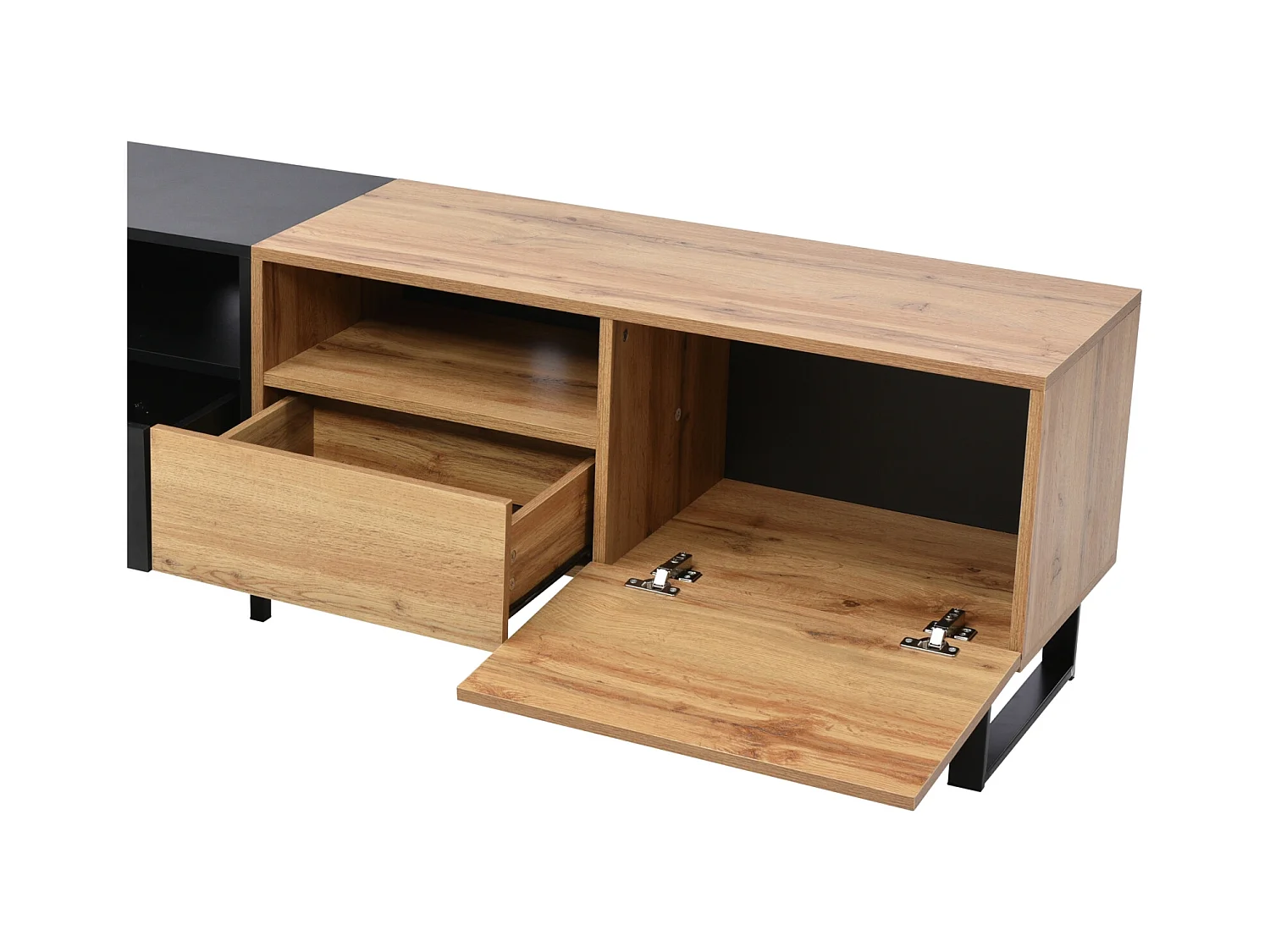 Meuble TV 190cm, avec 2 tiroir, 2 portes, 2 compartiment ouvert, style scandinave, Commode TV en chêne sauvage - Marron
