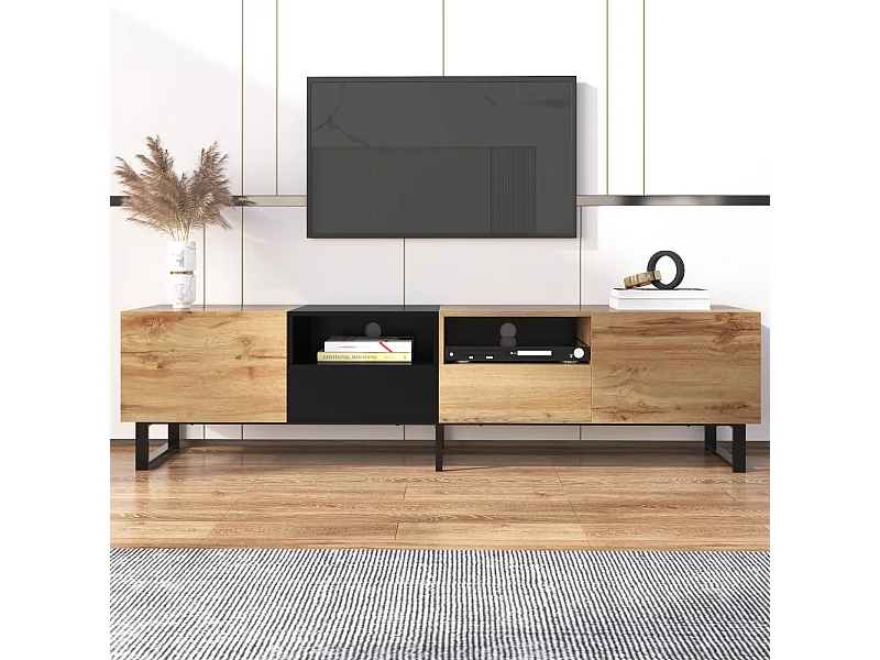 Meuble TV 190cm, avec 2 tiroir, 2 portes, 2 compartiment ouvert, style scandinave, Commode TV en chêne sauvage - Marron