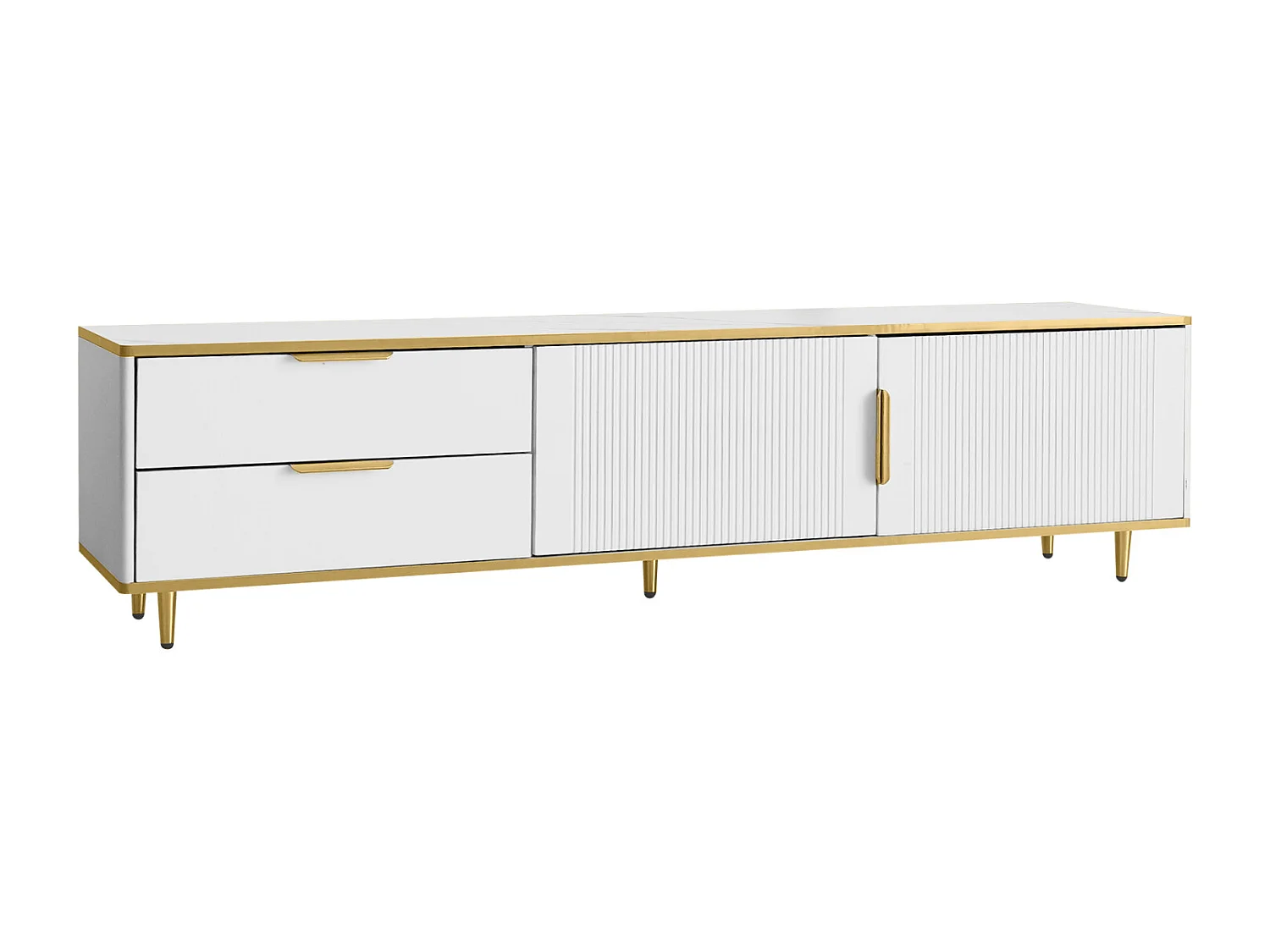 Mueble de TV de 175cm, con 2 cajones, 2 puertas, Patas y tirador de metal dorado, patrones esculpidos, Estilo escandinavo, Mueble de salón de madera - Blanco