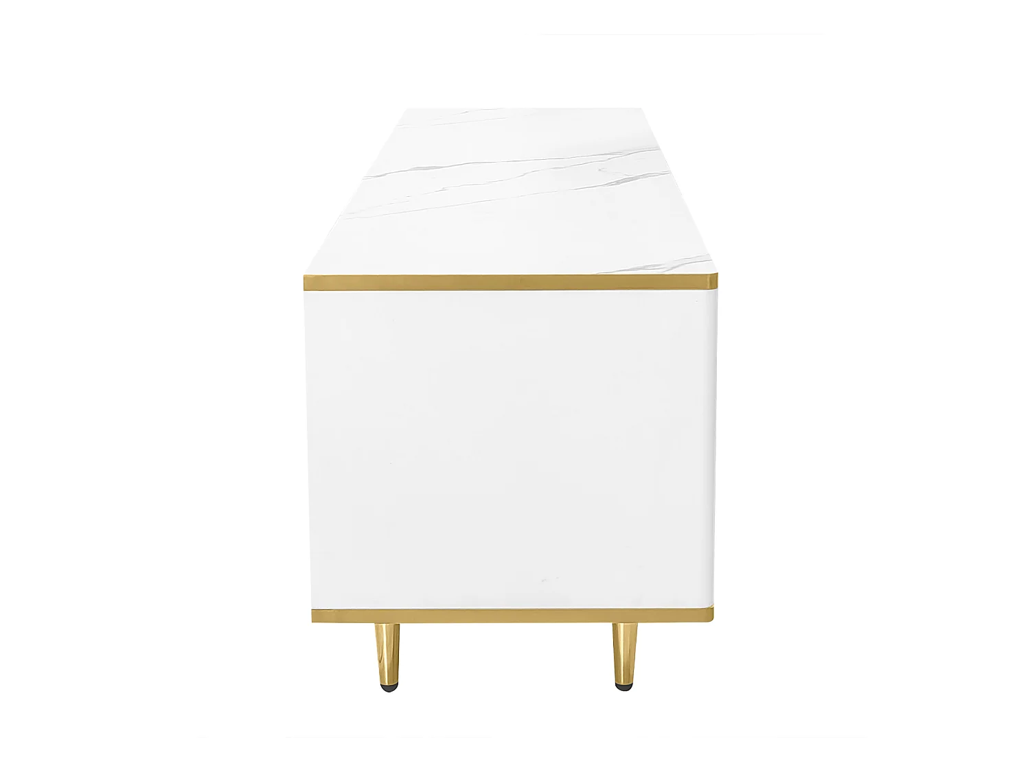 Meuble TV 175cm, avec 2 tiroirs, 2 portes, Pieds et poignée en métal Doré, motifs sculptés, style Scandinave, Meuble de salon en bois - Blanc