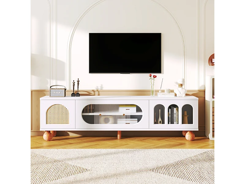 Mobile TV 170cm, con porta in rattan, ante in vetro, spazio di archiviazione, stile country, mobile TV - Bianco