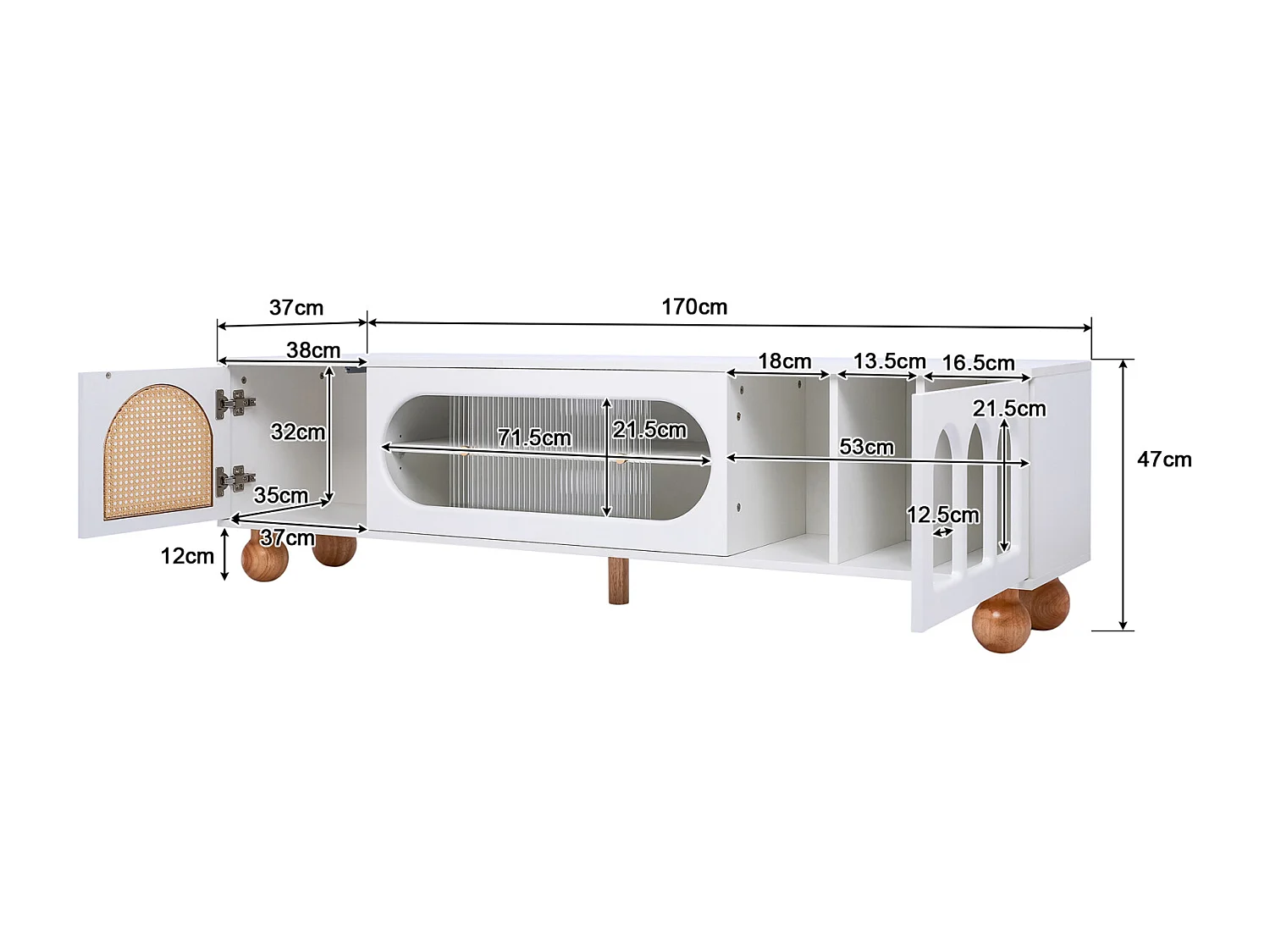TV-meubel 170cm, met rotandeur, glazen deuren, opbergruimte, landelijke stijl, TV-meubel - Wit